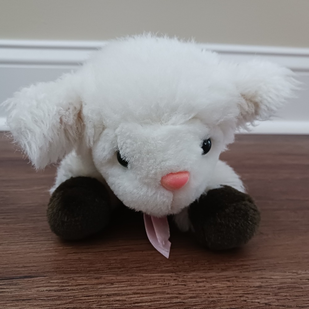 1988 Chrisha Playful Plush Creamy White‎ Lamb Pink Nose Bow 9"